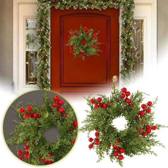 12 Inch Cedar Wreath with Red Berries for Festive Holiday on Front Door and Wall Use
