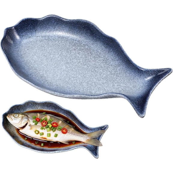12 Inch Ceramic Fish Shaped Plate, Blue Porcelain Steamed Fish Platter, Deep Seafood Serving Dish for Sushi & Appetizers, Decorative Tray for Restaurant Kitchen
