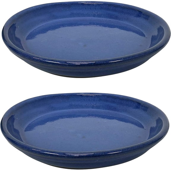 12-Inch Ceramic Plant Saucers - Plant Drip Trays for Outdoor Planter Flower Pot Drainage - Set of 2 - Imperial Blue