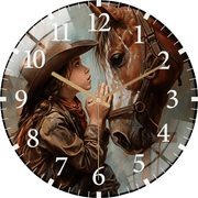 12 Inch Child Cowboy Horse Pray Glass Wall Clock for Rustic Faith Cowboy Decor Office Room, Living Room, Bedroom Or Kitchen