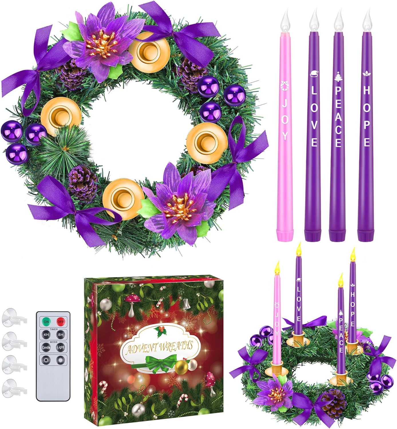 12 Inch Christmas Advent Wreath with 4 LED Flameless Taper Candles
