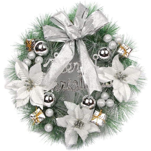 12 Inch Christmas Artificial Decorated Wreath With Bow knot, Poinsettia, Christmas Balls Ornaments for Home Window Wall Farmhouse Holiday Decor