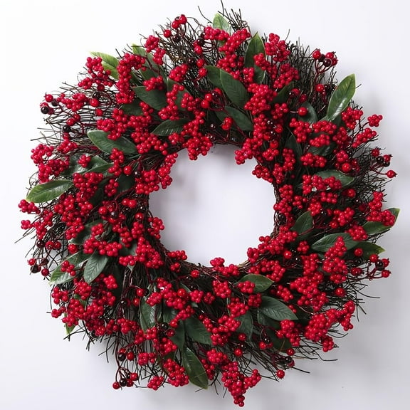 12 Inch Christmas Red Berry Wreath,Xmas Artificial Berries Wreath Lifelike Holly Winterberry for Front Door Indoor Outdoor Home Christmas Decorations