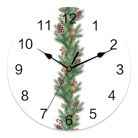 12 Inch Christmas Winter Wall Clock, Rustic Minimalist Green Pine Tree Branch Pinecone Battery Operated Silent Non Ticking Clocks, Easy to Read Round Wall Clock for Kitchen/Living Room/Bedroom