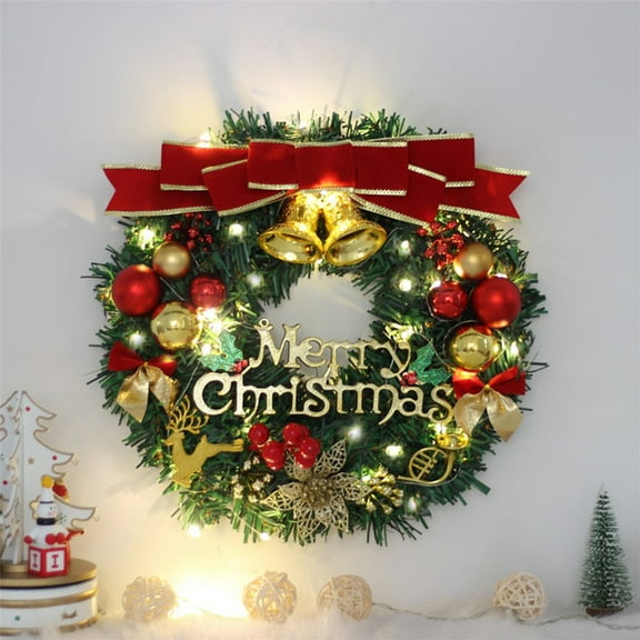 12 Inch Christmas Wreath for Front Door Decor, Faux Greenery Wreath with Bells, Berries, Deer & Merry Christmas Sign, Indoor Outdoor Holiday Decoration Multicolor