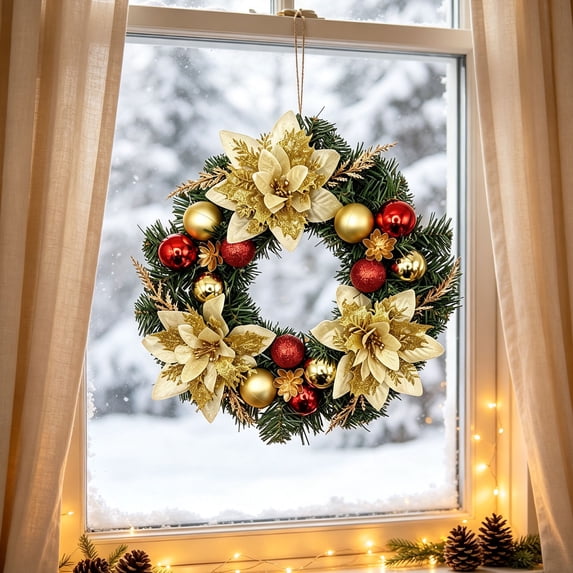 12 Inch Christmas Wreath for Front Door, Poinsettia and Bauble Holiday Wreath, Artificial Pine Door Wall Window Decoration for Christmas Home Seasonal Display