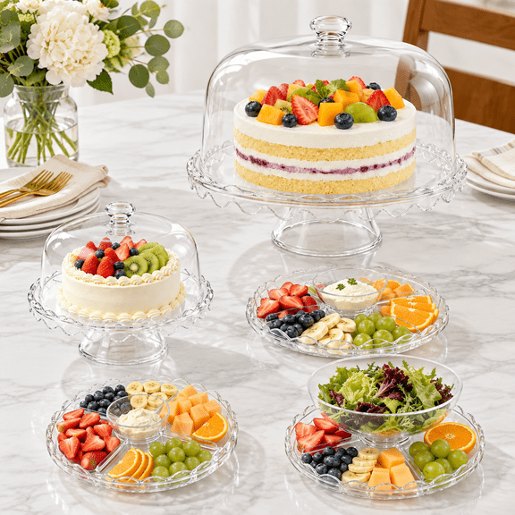 12-Inch Circular Scalloped Cake Stand With Dome Lid, Food-Grade Display and Serving Platter