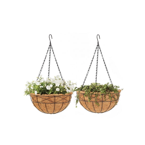 12 Inch Coconut Fiber Hanging Planter, 2 Packs Metal Hanging Baskets with Chains Outdoor Wire Pot for Porch Garden Decoration