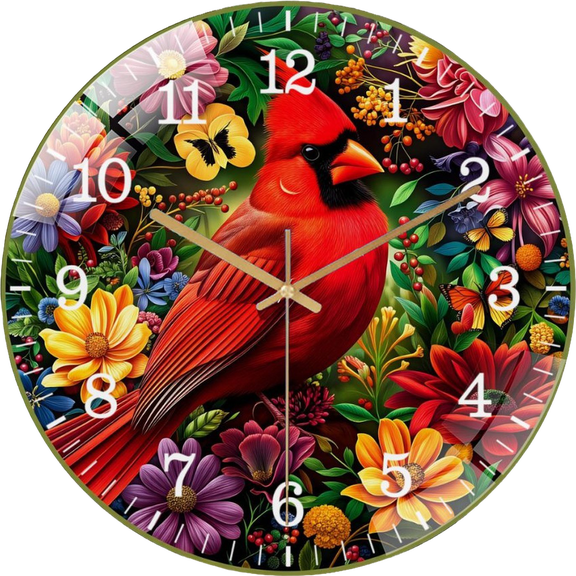 12 Inch Colorful Floral Cardinal Glass Wall Clock, Cardinal Wreath Farmhouse Home Decor(30×30cm)