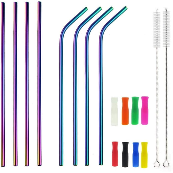 12 Inch Colorful Stainless Steel Straws, 8pcs Ultra Long Reusable Rainbow Color Metal Drinking Straws with Silicone Tips and Cleaning Brush for Tumblers