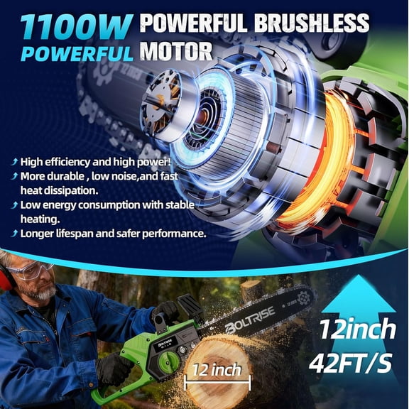 12 Inch Cordless Brushless Electric Chainsaw, 2 × 4.0Ah Batteries & Auto Oiler Security Lock, 42 FT/S Powered Compact HandHeld Chain Saw, for Tree Trimming, Wood Cutting Garden, Pruning
