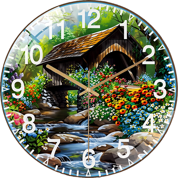 12 Inch Covered Bridge Glass Wall Clock,Creek Wreath Country Wall Clock for Office Room (30×30cm)