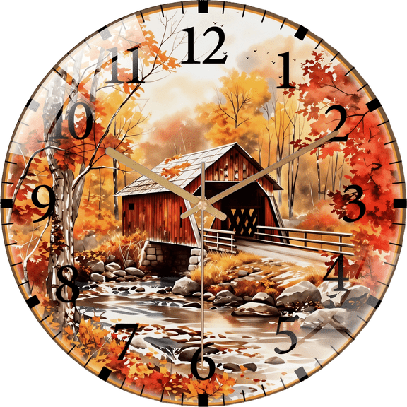 12 Inch Covered Bridge Glass Wall Clock,Stream Creek Home Decor (30×30cm)