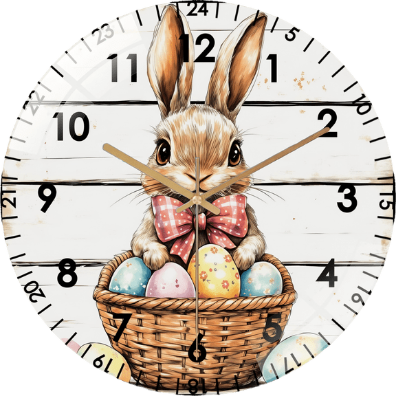 12 Inch Cute Bunny Rabbit Glass Wall Clock, Spring Bunny Farmhouse Home Decor (30×30cm)