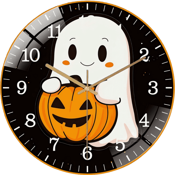 12 Inch Cute Ghost- Holding A Pumpkin Halloween- Glass Wall Clock, Trick Or Treat Home Decor (3030cm)