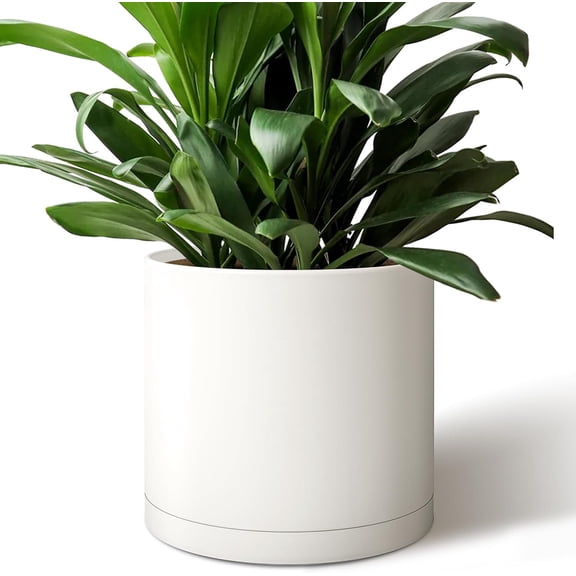 12 Inch Cylinder Pot, Modern Round Planter with Drainage Holes and , Durable Plastic Flower Pot for Indoor Outdoor , White