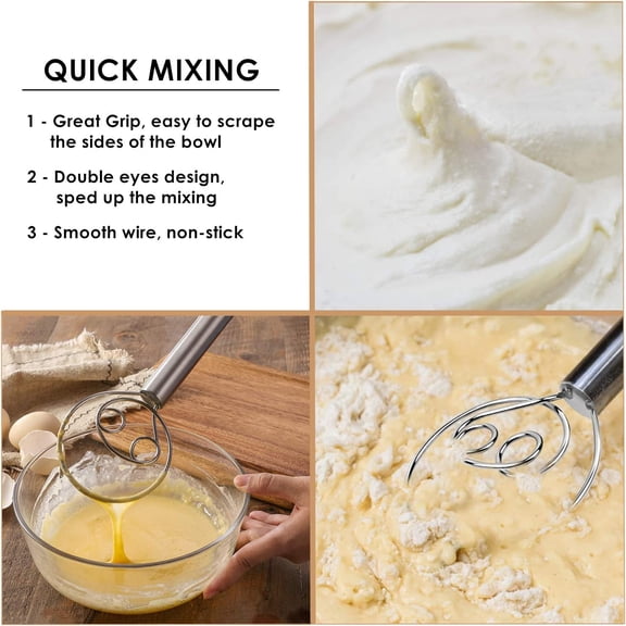 12 Inch Danish Dough Whisk, Rust Proof Stainless Steel Dutch Style Hand Mixer Blender for Bread, Pastry, Dessert, Sourdough, Batter or Pizza