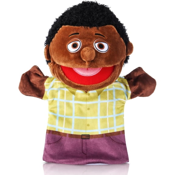 12 Inch Dark Skin Individual Dad Hand Puppet Plush, Realistic Household Figure, Preschool Teaching Prop & Kids Birthday Party Gift