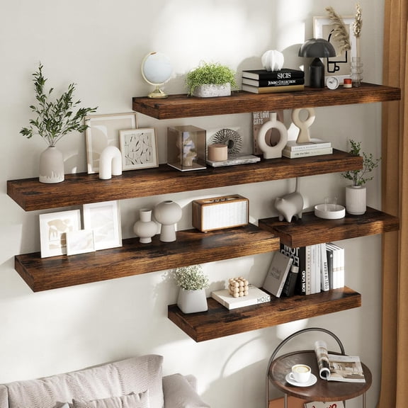 12 Inch Deep Floating Shelves with Invisible , Rustic Brown Engineered Wood Wall Mounted Storage for Kitchen Bedroom Living Room Decor and Organization, 48 inch Set of 1