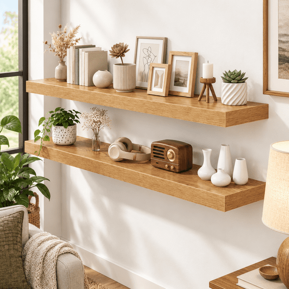 12 Inch Deep Floating Shelves Oak 48 Long 2" Thick For Wall Bracket Scratch-resistant Wood Grain Bedroom Bathroom Kitchen Coffee