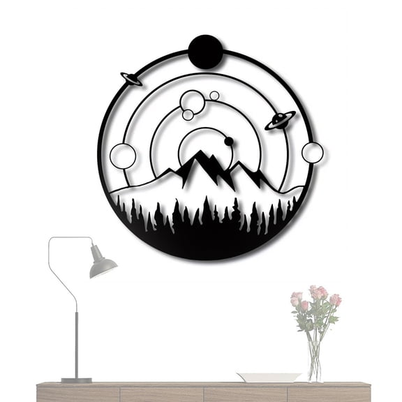 12 Inch Diameter Metal Wall Art Decor Simple Aesthetic Planets and Mountains Wall Sticker for Office/Home Improvement Iron Crafts Artwork