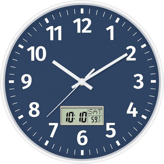 12 Inch Digital and Analog Wall Clock Battery Operated Clock, Blue | Silent Non-Ticking, LCD Display Time, Temperature, Weekday, Round, Modern, Easy to Read, Office, Classroom, Bedroom, School