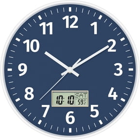 12 Inch Digital and Analog Wall Clock Battery Operated Clock, Blue | Silent Non-Ticking, LCD Display Time, Temperature, Weekday, Round, Modern, Easy to Read, Office, Classroom, Bedroom, School