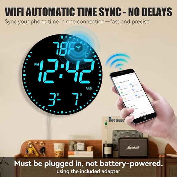 12 Inch Digital Wall Clock with App Control Large LED WiFi Sync Date Temperature Auto Brightness Seconds Display Dual Alarm 12 RGB Colors for Living Room Office Bedroom Gift for Elderly