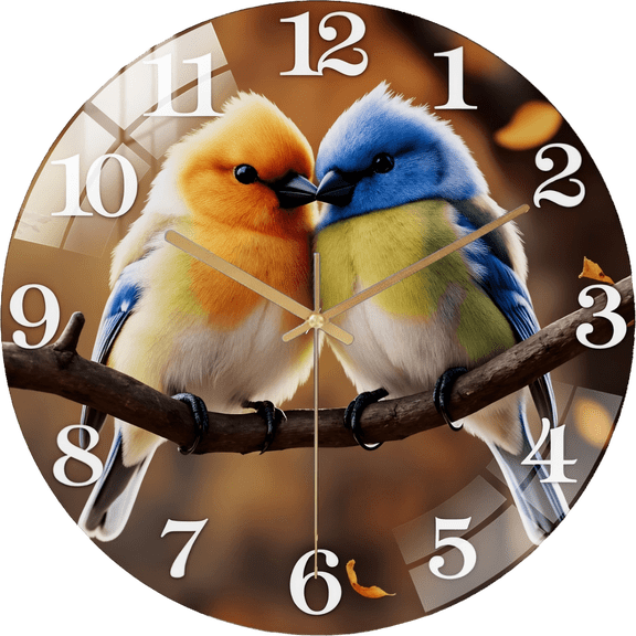 12 Inch Double Bird Autumn Leaf Pattern Glass Wall Clock, Aa Battery Powered, Suitable for Living Room, Bedroom, Study Room(Battery Not Included), 30cm