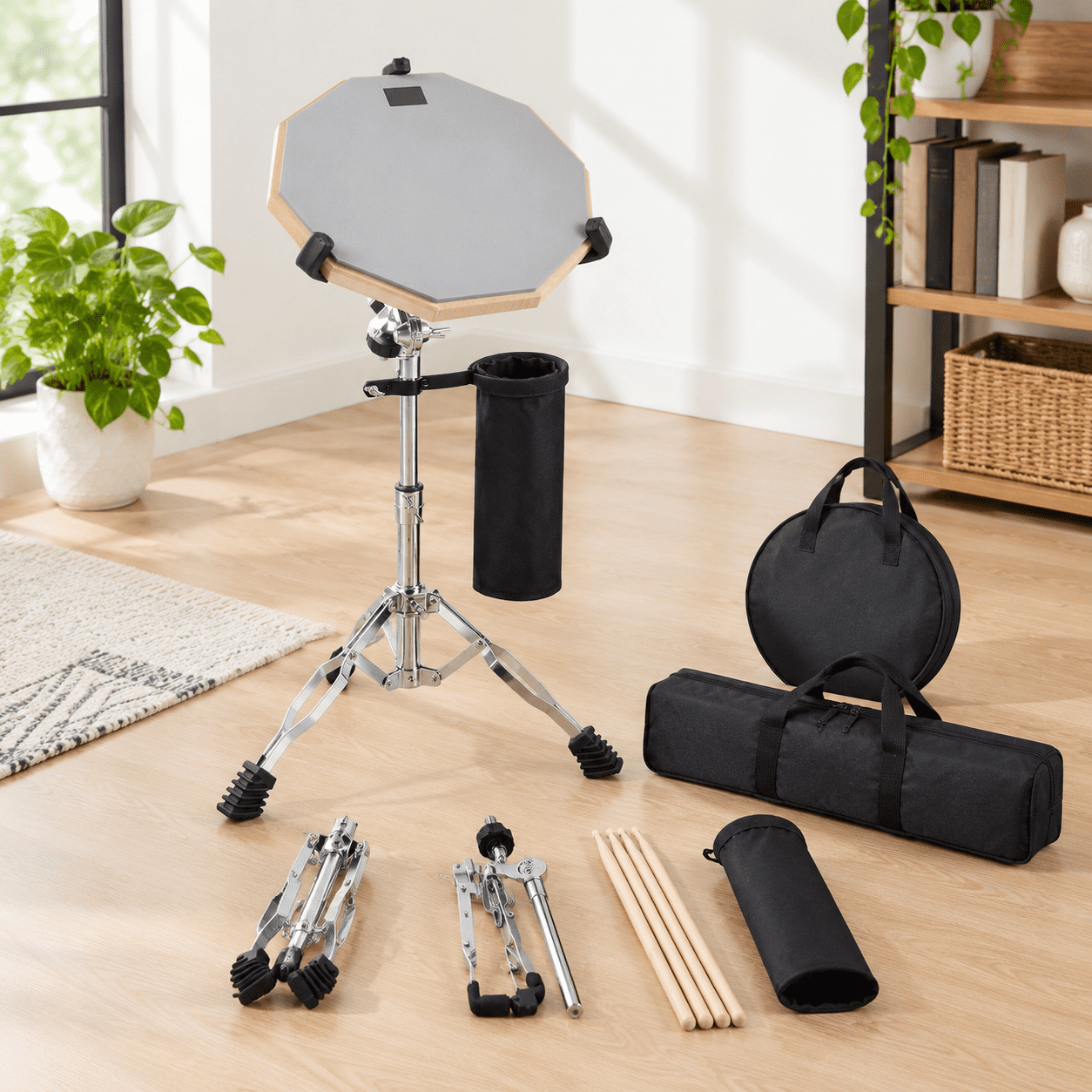 Practic Pad 12 Inch Double Sided Grey Silent Drum Practice Pad Set with Stand and ...
