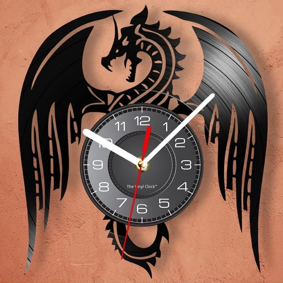 12 Inch Dragon Wall Clock Silent for Man Cave Gothic Decor, Gothic Dragon Clock, Vinyl Record, Silent Movement, For Bedroom Living Room Home Office Decor Dragon Lovers Gift