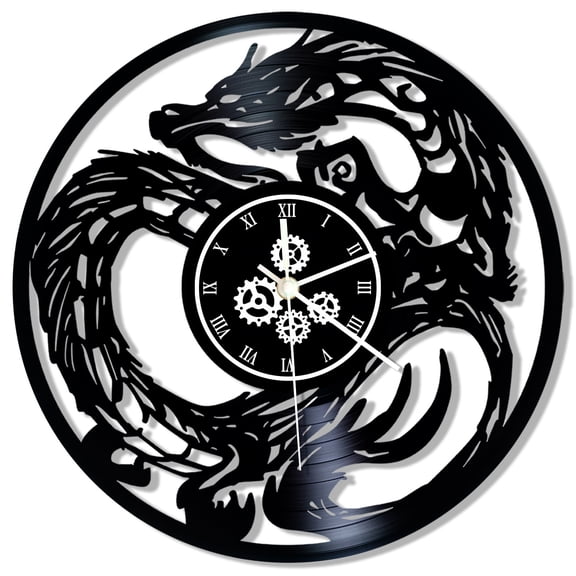 12 Inch Dragon Wall Clock, Silent Non Ticking Vintage Flying Evil Dragon Spiritual Symbol Fantasy Vinyl Record Wall Clock Watch for Living Room Bedroom Decor