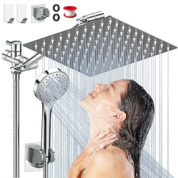 Cshidworld 12 Inch Dual Shower Head Combo with 11" Extension Arm, 5 Settings Adjustable Anti-leak High Pressure Shower Head with 59" Hose, Height/Angle Adjustable Anti-Clog Nozzles, Silver Chrome