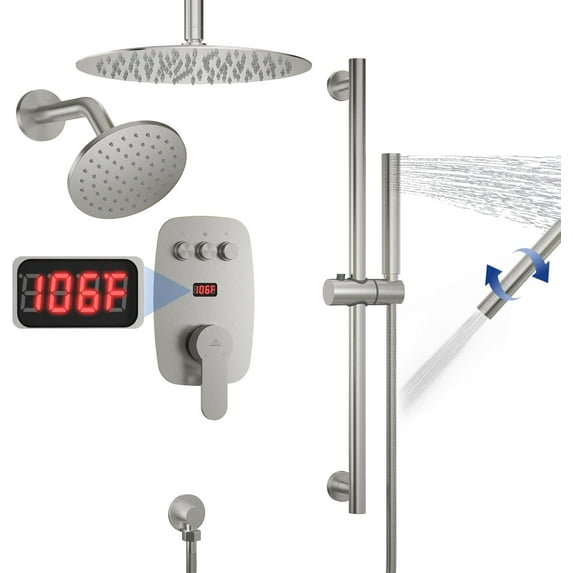 12 Inch Dual Shower System with Sliding Bar, 3 Functions, Brushed Nickel