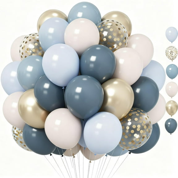 12 Inch Dusty Blue Balloons Pastel Fog Blue Slate White Sand Metallic Gold Confetti Party Balloons for Boy Baby Shower Birthday Wedding Party Decorations