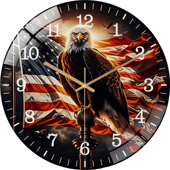 12 Inch Eagle- on Pole Patriotic- Glass Wall Clock for Hanger Office Room, Living Room, Bedroom Or Kitchen