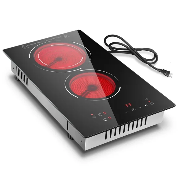 12 Inch Electric Cooktop 2 Burners 110V Plug in Ceramic Cooktop Countertop & Built-in Electric Stove Top with Dual-Ring Design 9-Level Adjustment Child Safety Lock Timer Overheat Protection Tieasy