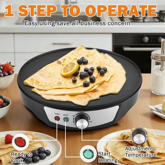 12 Inch Electric Crepe Maker with Nonstick Surface, Adjustable Temp Control & LED Lights for Pancakes Tortillas