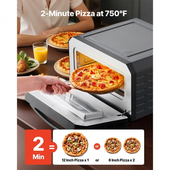 12 Inch Electric Pizza Oven with Pizza Stone 750 Max Temp 1700W Dual Heating Element 5 Pizza Presets Gray Aluminium Pizza Maker