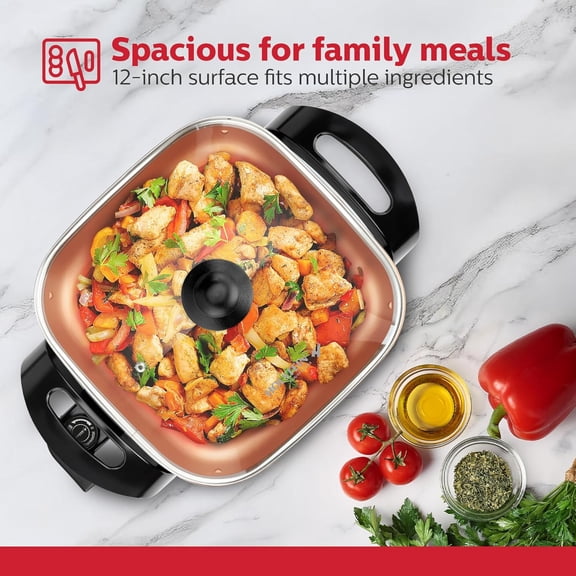 12-Inch Electric Skillet - 1400W Electric Pan with Adjustable Temperature Control, PFOA-Free Non-Stick Coating, Cool-Touch Handles, Multi-Function Cooker, Copper & Black