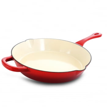 12-Inch Enameled Cast Iron Skillet with Dual Handles and Pour Spouts, Scarlet Red