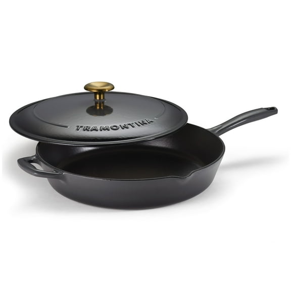 Tramontina Bestow 12-Inch Enameled Cast Iron Skillet with Lid, Smoke with Gold Stainless Steel Knob, Oven-Safe