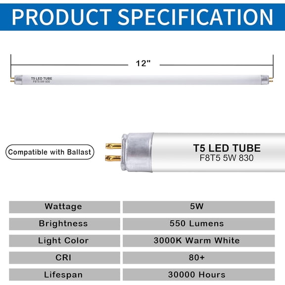 12 Inch F8T5/WW LED Replacement Bulbs, 3000K Warm White, T5 LED 5 Watts Replace Fluorescent Bulb with LED, Replacement Tube for Counter and Cabinet Fixture, 4 Pack