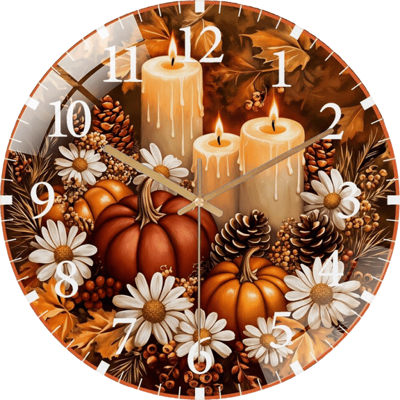 12 Inch Fall Pumpkin Candle Glass Wall Clock,Thanksgiving Home Decor (30×30cm)