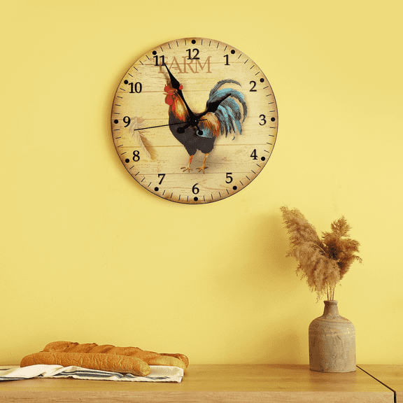 12-Inch Farmhouse Rooster Wall Clock Silent Frameless Battery-Operated Analog Clock for Kitchen, Bedroom, Office