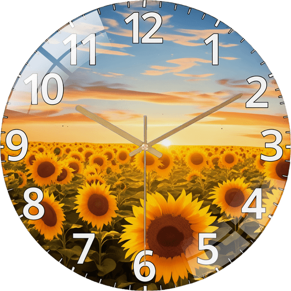 12 Inch Fashionable Sunset Sunflower Garden Pattern Glass Wall Clock Living Room Bedroom Kitchen Home Decoration (Battery Not Included), 30cm