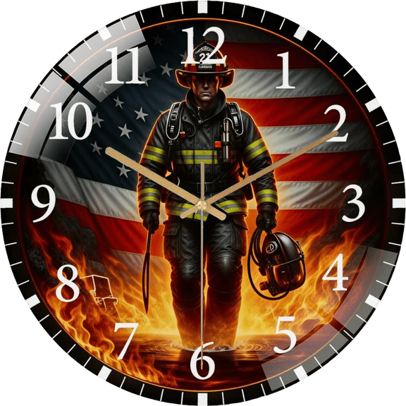 12 Inch Firefighter Glass Wall Clock for First Responde Office Room, Living Room, Bedroom Or Kitchen