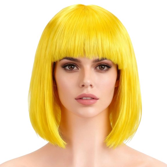 12 Inch Flapper Bob Wig with Bangs - High-Temp Synthetic Short Straight Hair, Realistic Smooth, Breathable Elastic Adjustable Cap, Party Cosplay Wig for Women (Yellow)