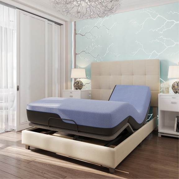 12 Inch Flex Head Memory Foam Mattress and Adjustable Base, King / Breathable Blue Ice Yarn Cover, Synced Foot Elevation & Voice - Activated Remote