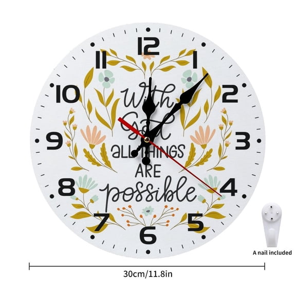 12 Inch Floral Wooden Wall Clock, With God All Things Are Possible Christian Bible Verse Quiet Sweep Farmhouse Clock, Decor for Living Room Bedroom Kitchen, Battery Not Included